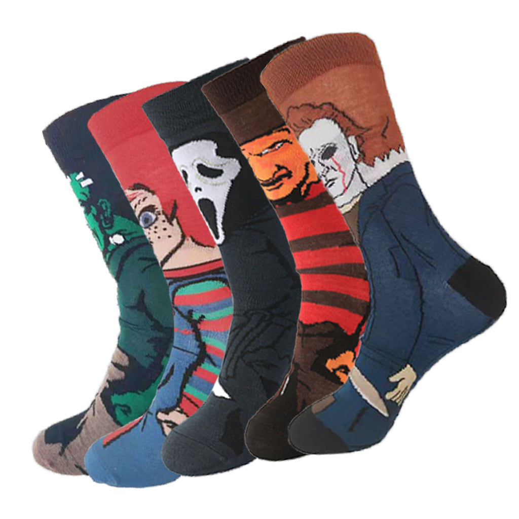 Spooky Horror Character Socks Gift Set (5 Pairs), Cotton Novelty Socks for Halloween