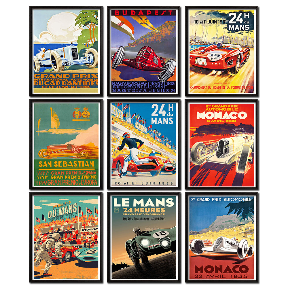 9-Piece Vintage Grand Prix Racing Poster Set - Unframed 8x10 Inch Motor Sport Art for Wall Decor