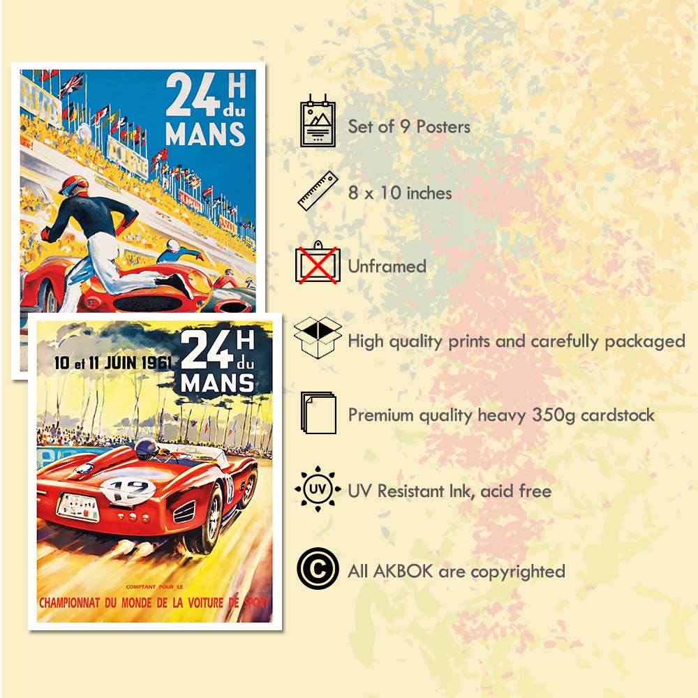 9-Piece Vintage Grand Prix Racing Poster Set - Unframed 8x10 Inch Motor Sport Art for Wall Decor