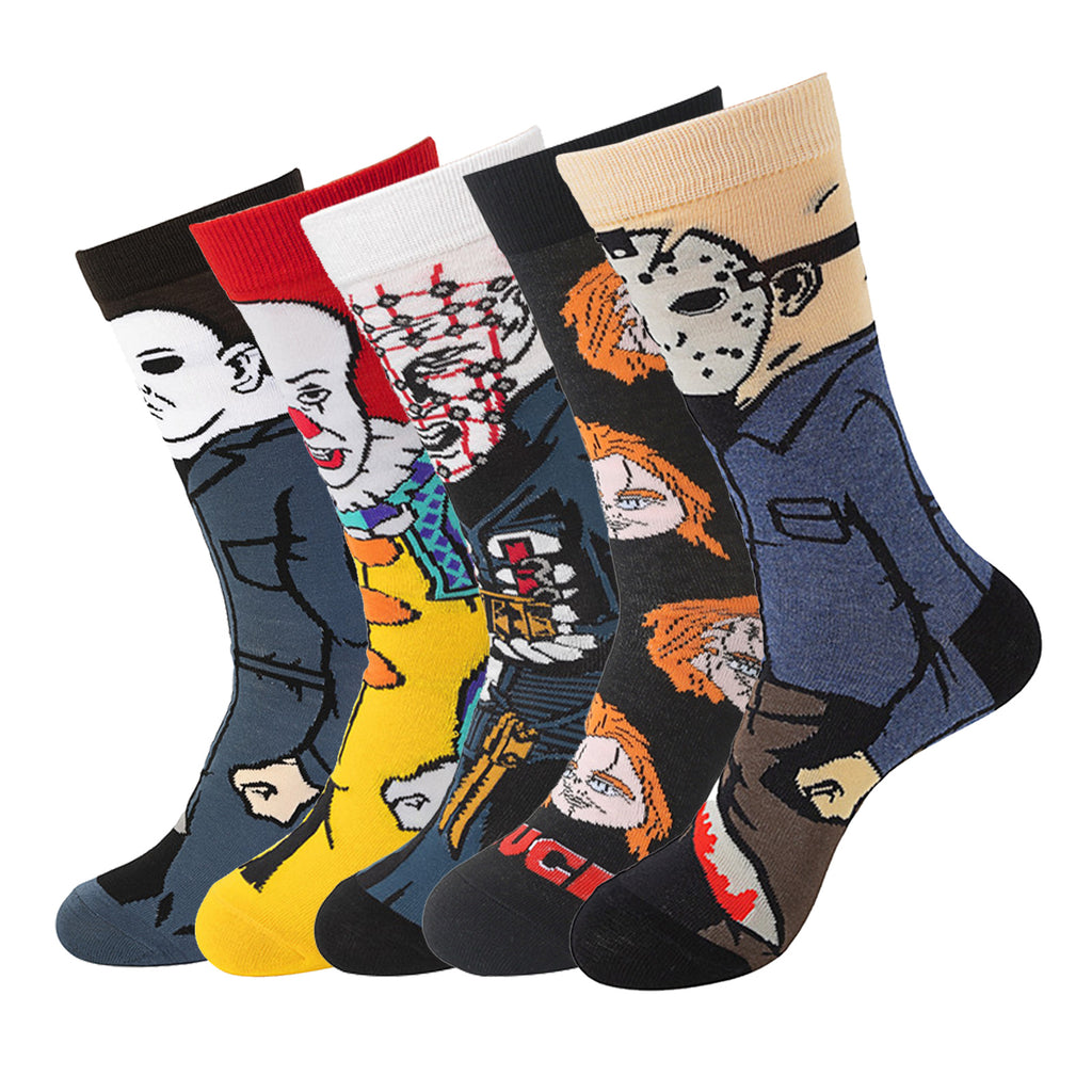 Spooky Horror Character Socks Gift Set (5 Pairs), Cotton Novelty Socks for Halloween
