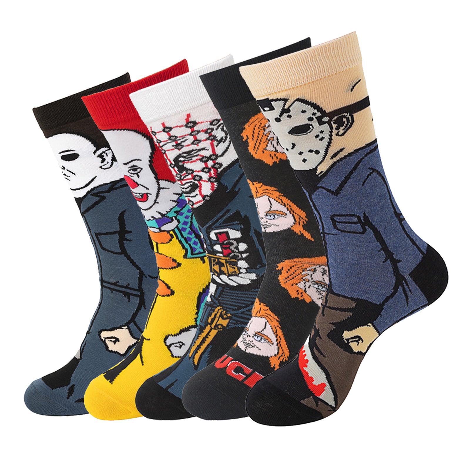 Spooky Horror Character Socks Gift Set (5 Pairs), Cotton Novelty Socks for Halloween