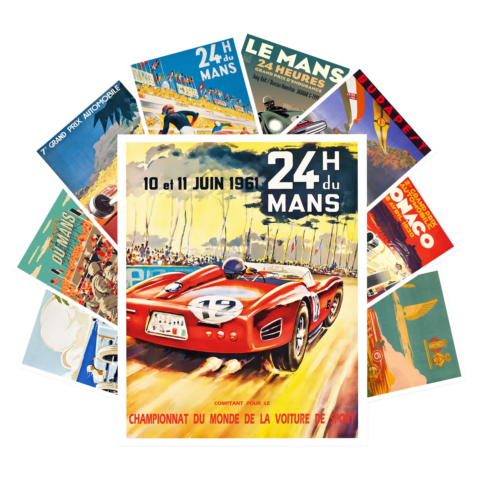 9-Piece Vintage Grand Prix Racing Poster Set - Unframed 8x10 Inch Motor Sport Art for Wall Decor