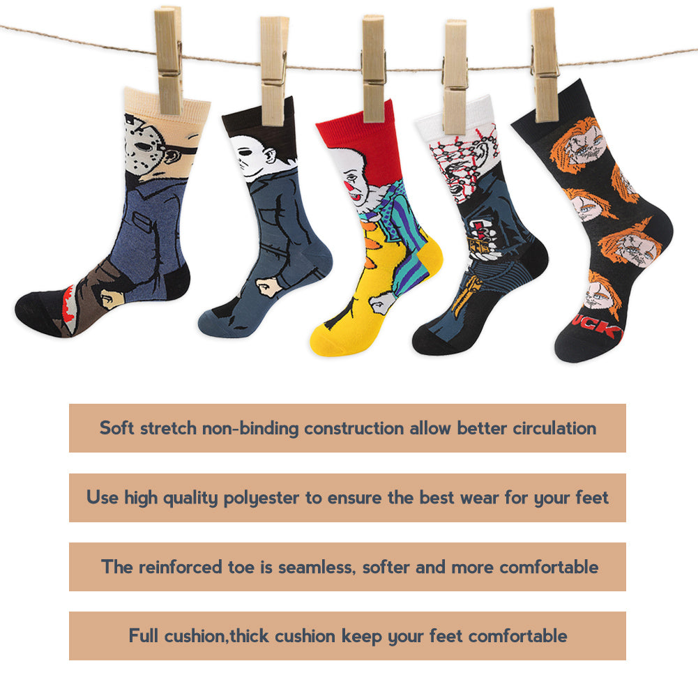 Spooky Horror Character Socks Gift Set (5 Pairs), Cotton Novelty Socks for Halloween