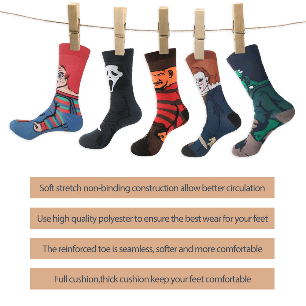 Spooky Horror Character Socks Gift Set (5 Pairs), Cotton Novelty Socks for Halloween