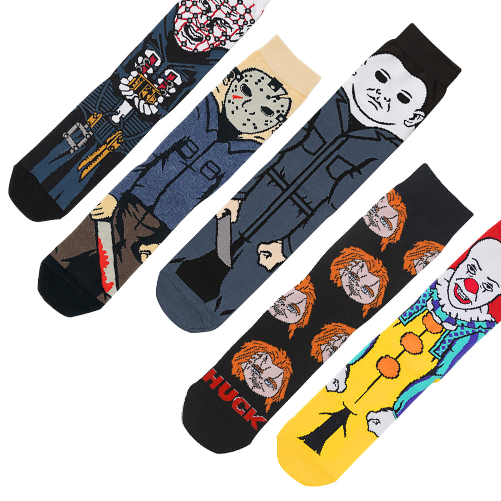 Spooky Horror Character Socks Gift Set (5 Pairs), Cotton Novelty Socks for Halloween